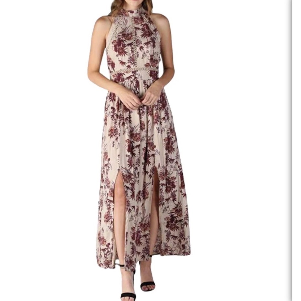 Angie Halter Maxi Dress Cream Floral Print Crochet Insets Open Back Size Large